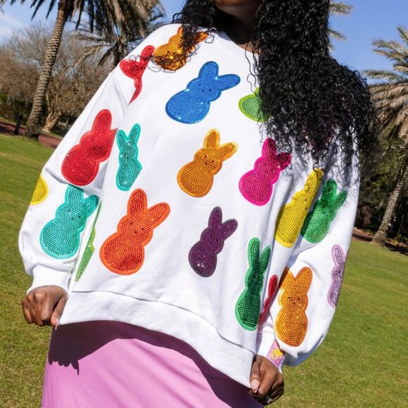 QUEEN OF SPARKLES Tops - QUEEN OF SPARKLES White Multi Peeps Sweatshirt